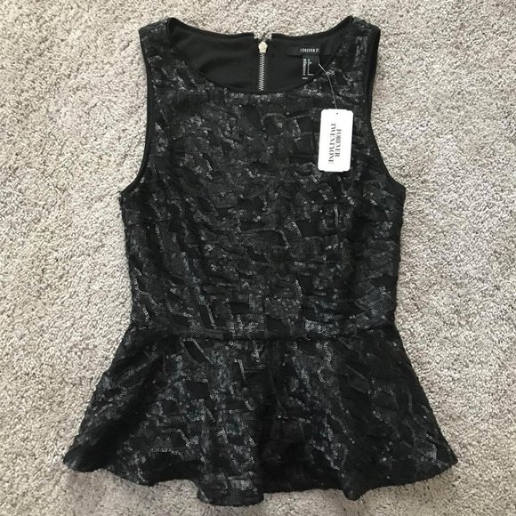 Forever 21 women’s small sleeveless black peplum top with sequins NWT - Picture 1 of 5